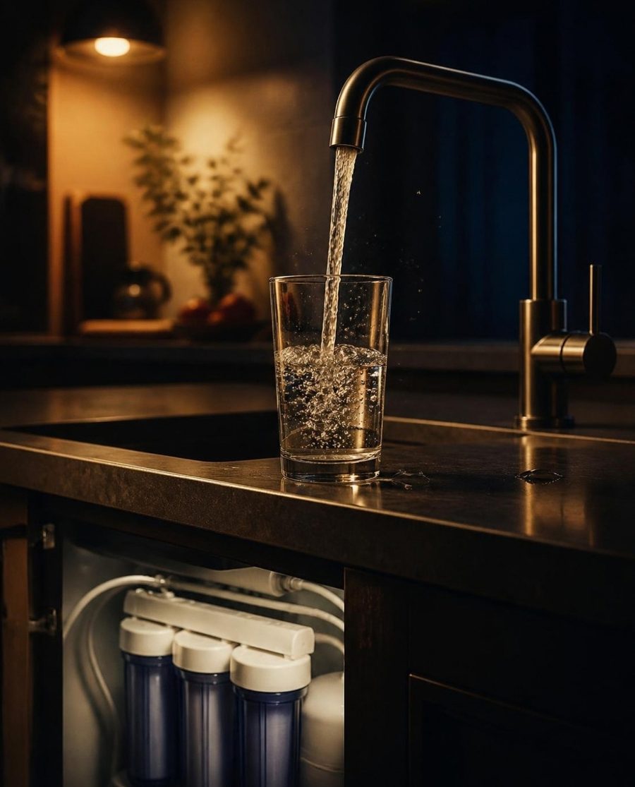 Vaso llenándose de agua filtrada en una cocina