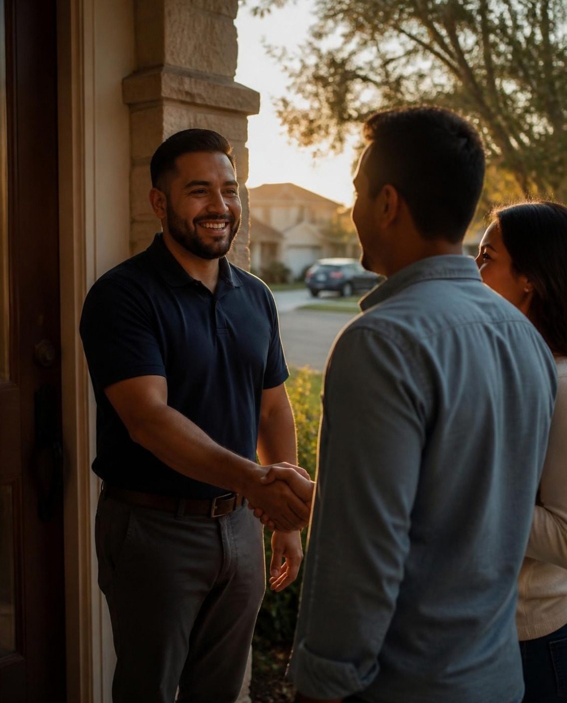 Closer latino saludando a una familia en la puerta de su casa