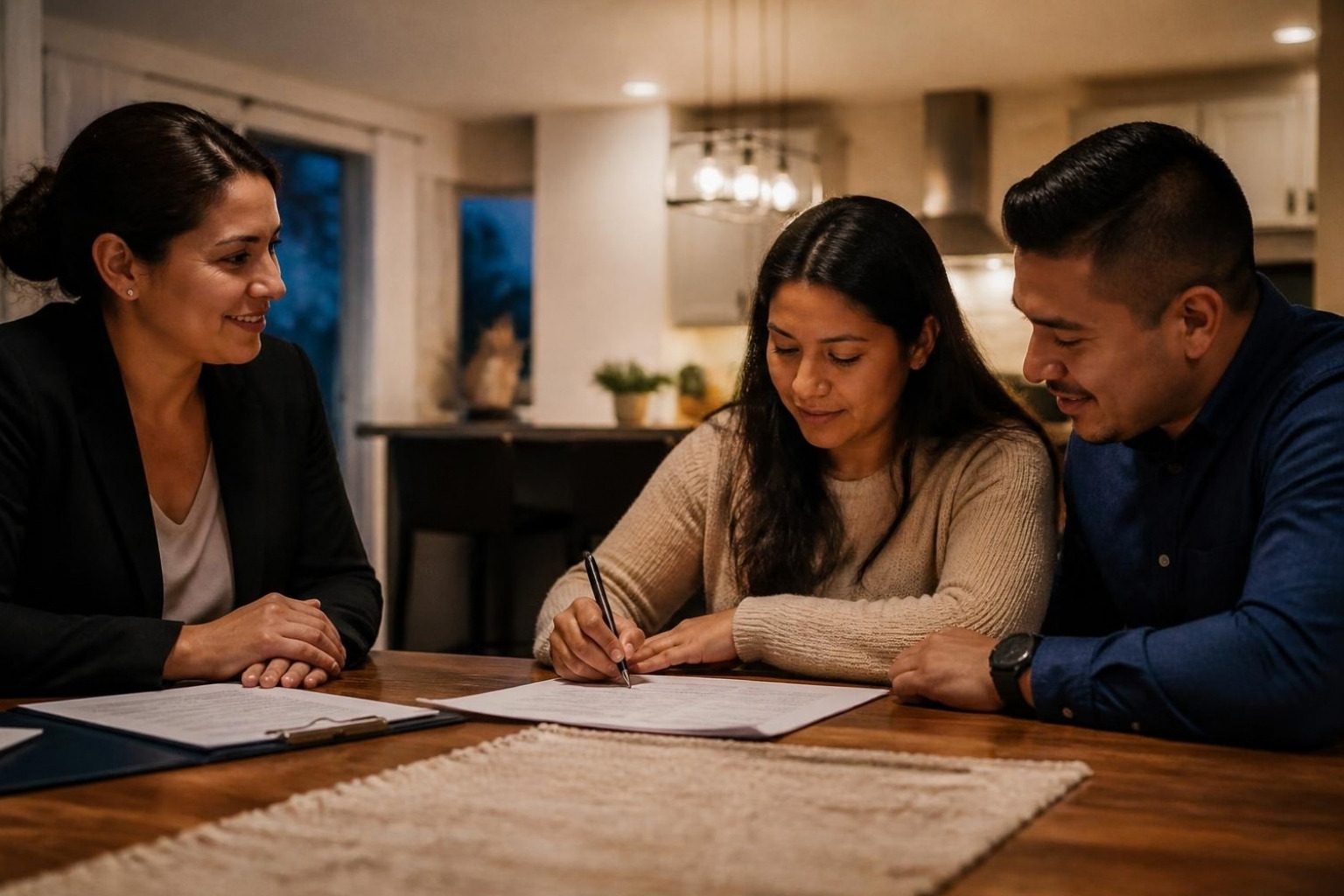 Closer cerrando una venta con una familia latina en la mesa de su cocina